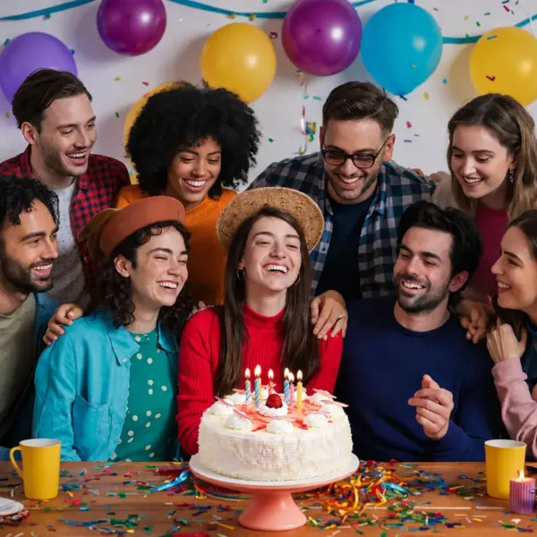 Amigos celebrando con torta, globos y confeti