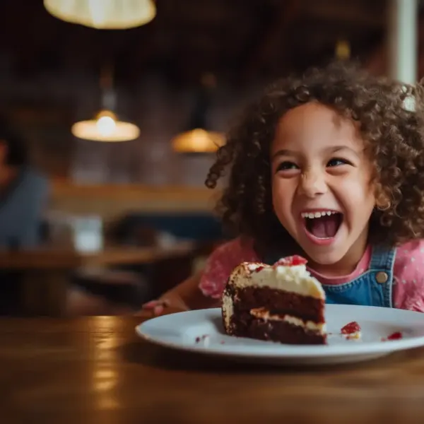 Niña feliz con una porción de torta de chocolate